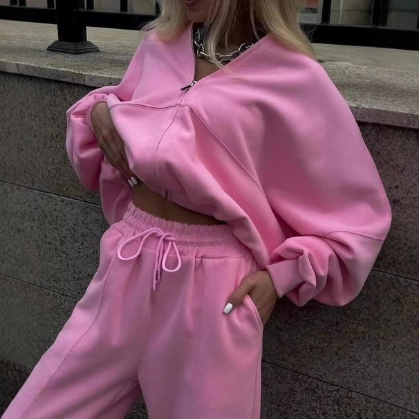 Voya Women's Two Piece Tracksuit Set – Pink Cropped Zip-Up Hoodie & Wide Leg Joggers, Casual Sporty Streetwear, EU Daily Active Wear_ecoleips.com