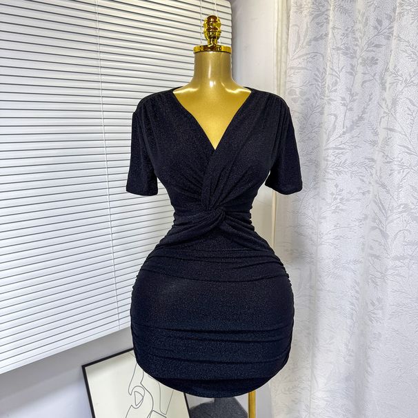 Women's Clothing Summer V Neck Twist Sexy Slim High Elastic Dress Bright Silk Hip Skirt_ecoleips.com