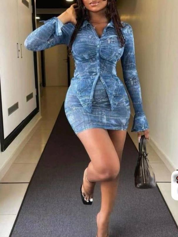 Women's Clothing Retro Denim Two Piece Suit With Pleated Body Shaping Long Sleeved Top Fashionable And Versatile Hip Skirt_ecoleips.com