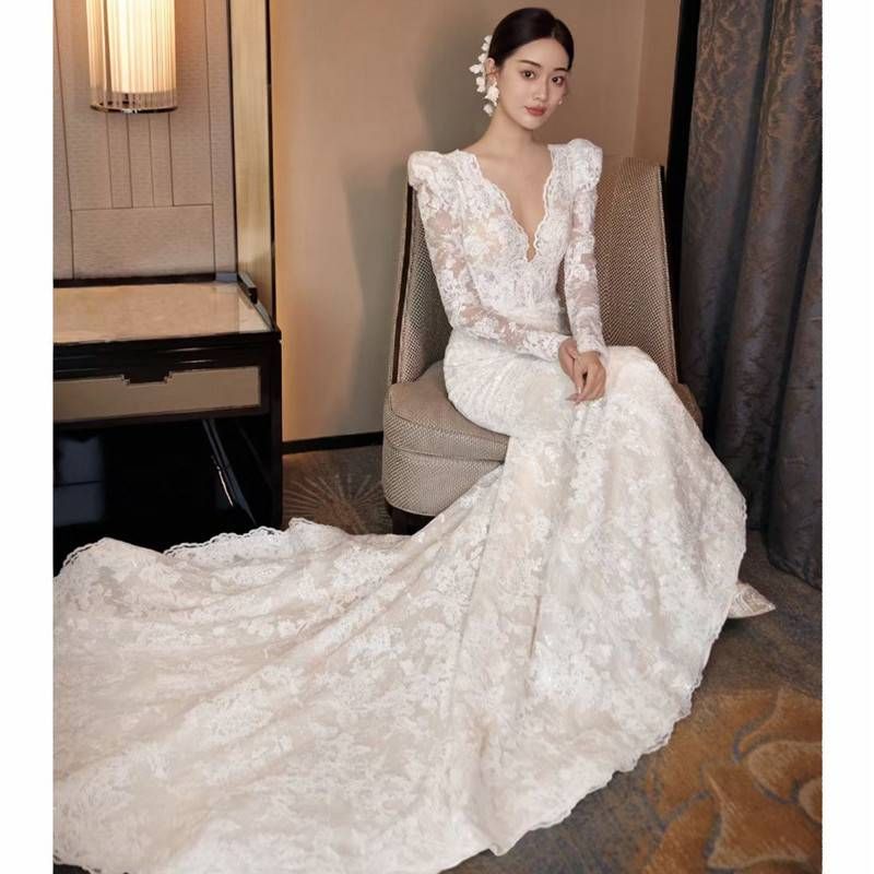 Women's Clothing Lace Fishtail Dress High End Small Tail Wedding Dress New White Bride Out Of The Gauze Wedding Dress_ecoleips.com