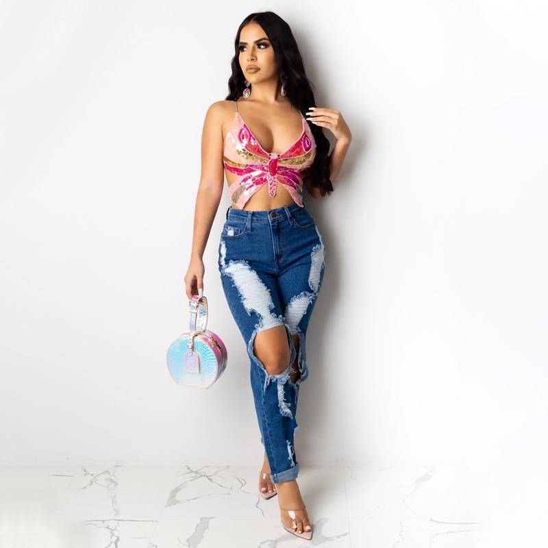 Women's Clothing Summer Colorful Fashion Design Strap Butterfly Sequin Suspenders_ecoleips.com