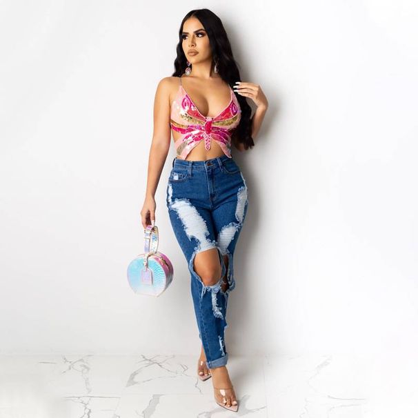 Women's Clothing Summer Colorful Fashion Design Strap Butterfly Sequin Suspenders_ecoleips.com