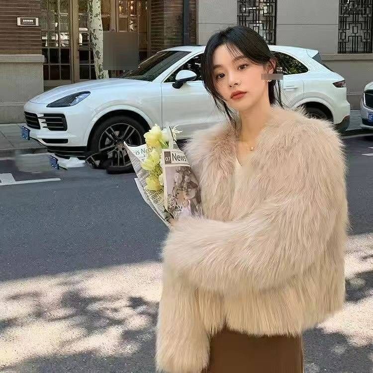 Trendy Korean-Style Faux Fox Fur Coat, Short Plush Jacket For Women, Winter Warm & Stylish Outerwear In Beige, White, Black & Light Grey_ecoleips.com