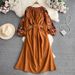 Women's Retro Ethnic Style Long Sleeve Dress Spring Autumn Slim Waist A-Line Cotton Linen Round Neck Elegant Lantern Dress_ecoleips.com