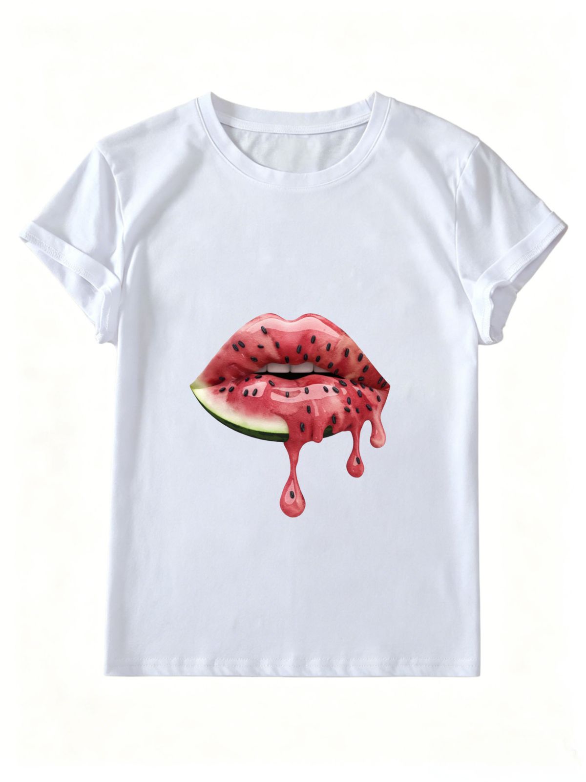 Women Summer Short Sleeve T-Shirt, Trendy Juicy Watermelon Lips Graphic Print Crew Neck Casual Loose White Tee Streetwear Top_ecoleips.com