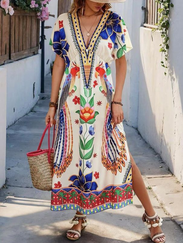 Women's Clothing Summer New V Neck Printed Fashion Loose Short Sleeved Long Dress_ecoleips.com