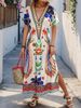 Women's Clothing Summer New V Neck Printed Fashion Loose Short Sleeved Long Dress_ecoleips.com