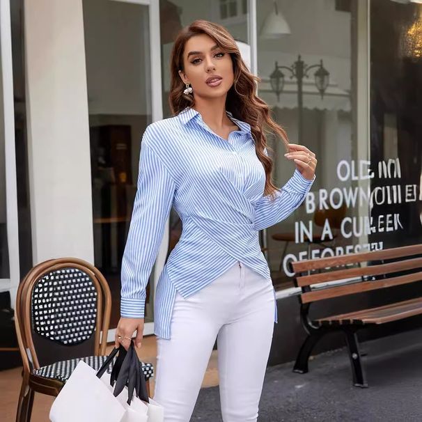 Aria Basics Aria Basics Cross-border Women's Clothing, European American Style, Fashionable And Versatile, Loose Striped Shirt With Irregular_ecoleips.com