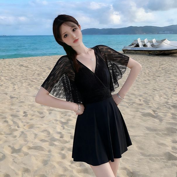 Women's One Piece Swimdress V Neck Sheer Lace Flare Sleeve Tummy Control Modest Summer Beach Vacation Bathing Suit Swimwear_ecoleips.com