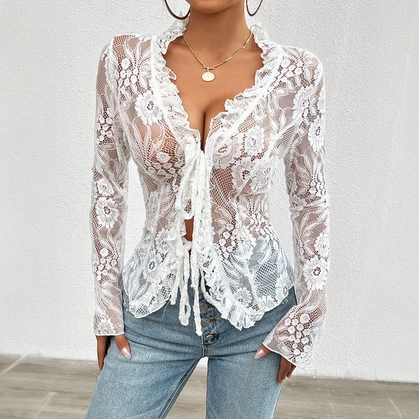 Diyun Women's Fashion Independent Station 2024 Spring Summer Sexy Slim Fit Long Sleeve Lace Trim Tops_ecoleips.com