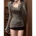 Slim Fit Long Sleeve V-Neck Striped T-Shirt Women's Design Base Layer Sweet Spicy Large Collar Trendy Korean Style Top_ecoleips.com