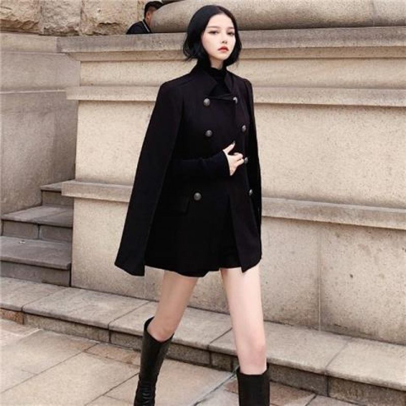 Korean-Style Black Cloak Coat With Versatile Loose Fit, Long-Length Woolen Jacket For Women_ecoleips.com