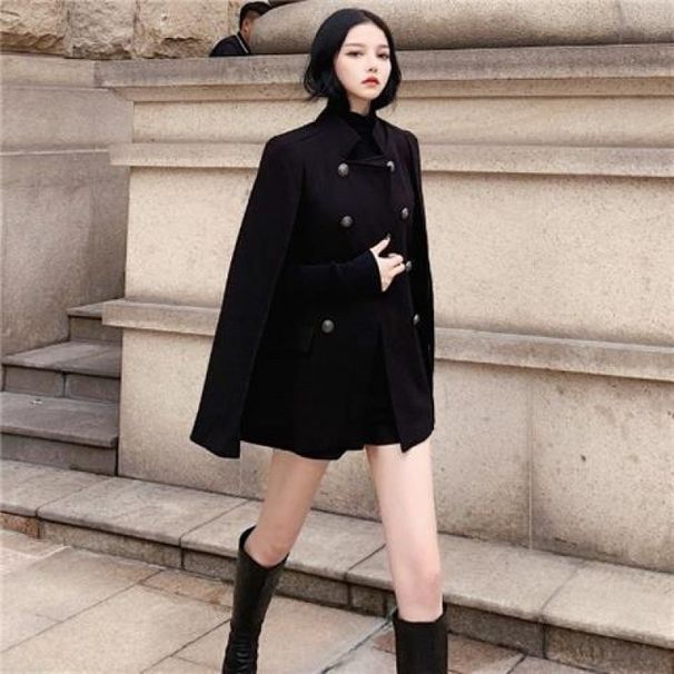 Korean-Style Black Cloak Coat With Versatile Loose Fit, Long-Length Woolen Jacket For Women_ecoleips.com