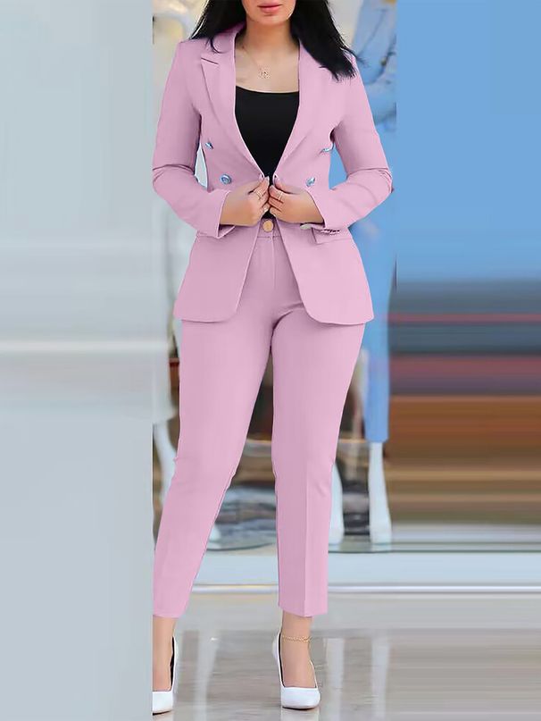 Women's Clothing Solid Color Slim Fit Casual Fashion Waist Double Breasted Two Piece Suit_ecoleips.com