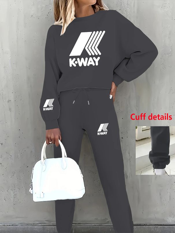 Women's Printed Two Piece Tracksuit, Long Sleeve Pullover Top And Drawstring Waist Pants, Casual Sportswear For Spring And Fall_ecoleips.com