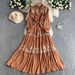 Women's Retro Style Embroidered Round Neck Dress Sweet Tie Waist Slimming Ruffled Long Skirt Spring Autumn_ecoleips.com
