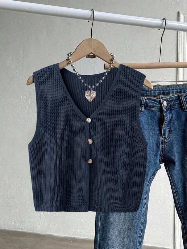 Women's Casual V-Neck Knit Vest, Sleeveless Button-Up Sweater Tank, 8 Colors Available_ecoleips.com