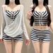 Retro Stripe Bikini Set 3-Piece Long Sleeve Cover Up Swimsuit Pure & Sexy Style For Women_ecoleips.com