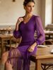 Purple V Neck Chiffon Lantern Sleeve Pit Rib Knit Fringe Mini Dress, Loose Lightweight Breathable Soft Skin-touch Bodycon Midi Dress_ecoleips.com