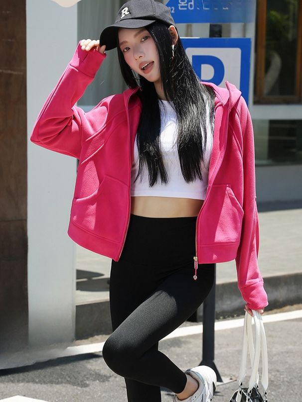 K New Lazy Short Zipper Cardigan Hooded Sweatshirt Jacket For Women.Without Any Accessories_ecoleips.com