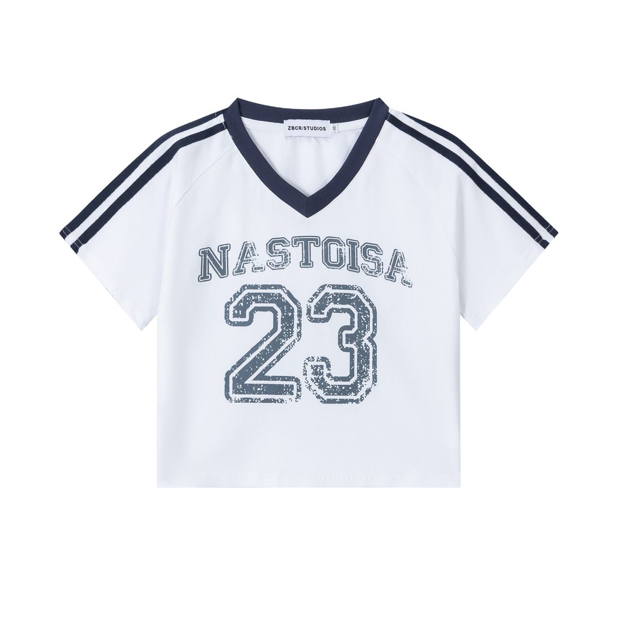 Sexy Cropped V-Neck Sports Jersey Top For Women - High Waist Striped & Distressed Print Slim Fit T-Shirt (Black/White, S-L)_ecoleips.com