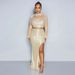 Women's Clothing Fashionable Round Neck Mesh Sequined Long Sleeved Top With High Slit Long Skirt Two Piece Set For Women_ecoleips.com