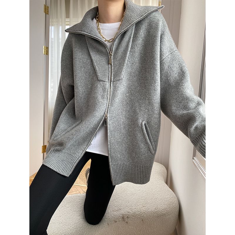 Women's Clothing Oversized Zip-Up Knit Cardigan With Shawl Collar - Cozy & Stylish Pullover For Women (Gray, Beige, Navy, Camel)_ecoleips.com