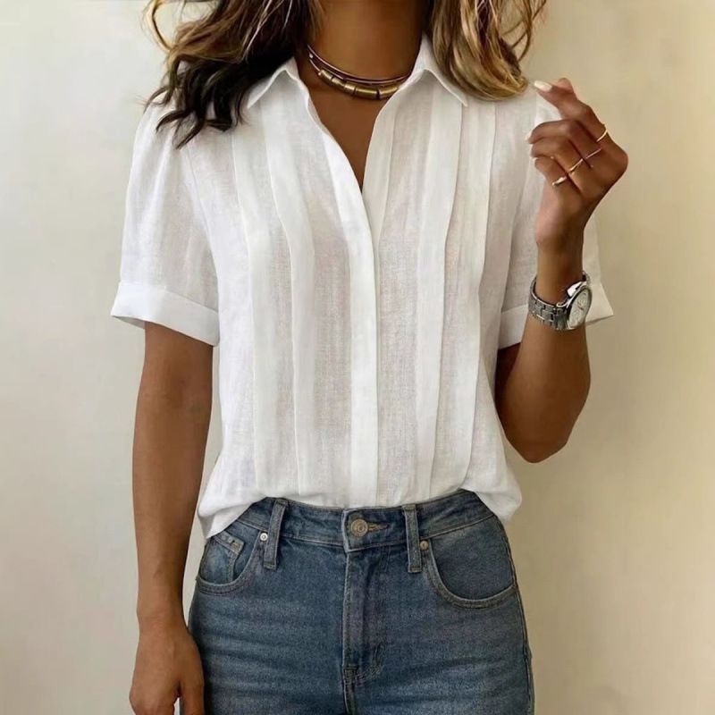 Women's Linen Blend Short Sleeve Shirt, Casual Button Down Shirt With Folded Collar And Relaxed Fit For Summer, Breathable Office Commuter Blouse_ecoleips.com