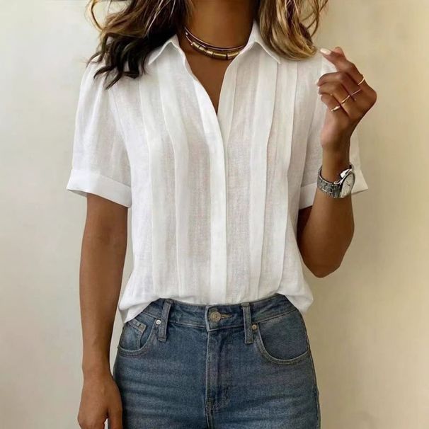 Women's Linen Blend Short Sleeve Shirt, Casual Button Down Shirt With Folded Collar And Relaxed Fit For Summer, Breathable Office Commuter Blouse_ecoleips.com
