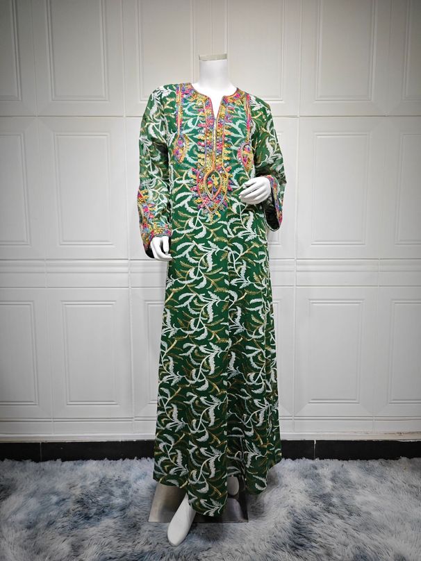 Elegant Green Embroidered Jalabiya Dress For Women – Traditional Middle Eastern Abaya With Long Sleeves, Perfect For Home & Social Gatherings_ecoleips.com