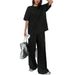 Women's Shimmering Silver Sequined Casual Set Minimalist Style Two Piece Outfit with Drawstring Wide Leg Pants And Short Sleeves Black_ecoleips.com