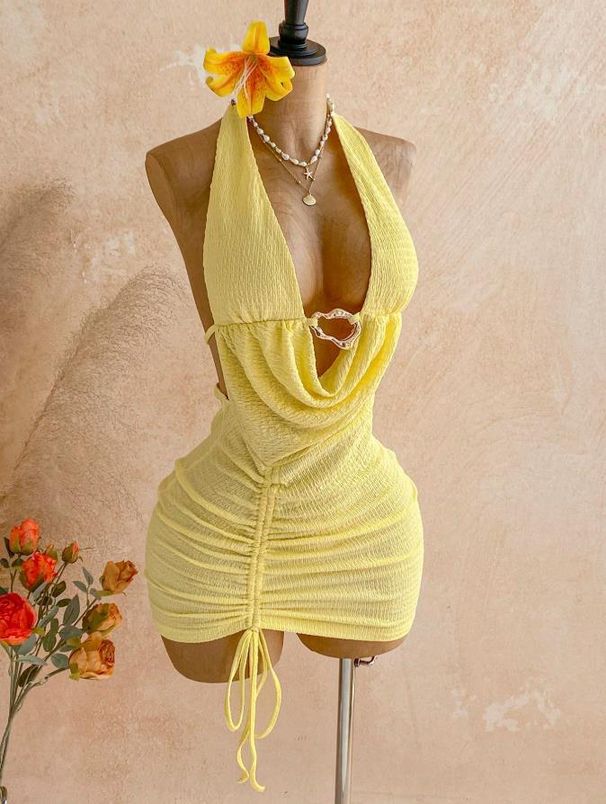 Mini Dress For Women Simple Solid Color Pleated Drawstring Backless Design With Metal Buckle Knot America Style New_ecoleips.com