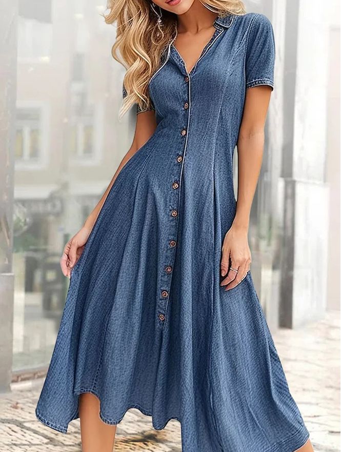 Women's Clothing New Summer Short Sleeved V Neck Denim Dress_ecoleips.com