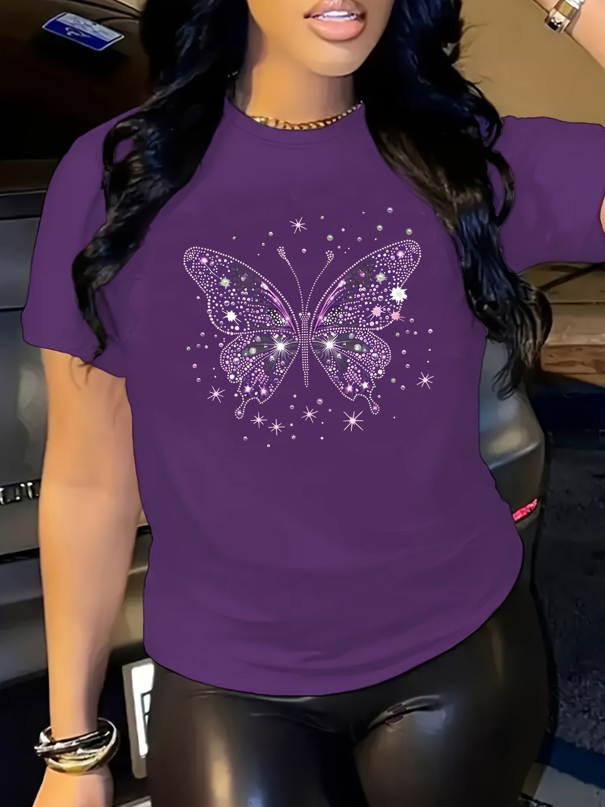 Sparkling Butterfly Women's Tee - Glam Graphic, Casual Purple Top_ecoleips.com