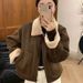 Women's Clothing Thickened Fleece Collar Jacket Women's Winter Short Bomber Coat Cozy Faux Shearling Zip-Up Outerwear (Brown, Khaki)_ecoleips.com