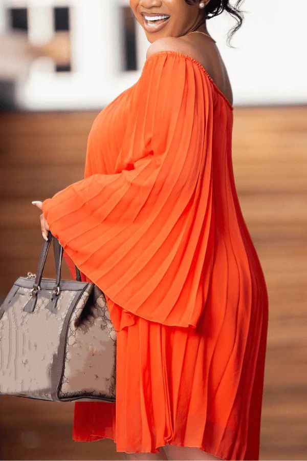 Solid Color Chiffon Off-Shoulder Midi Dress – Long Sleeve, Pleated, Flowy & Elegant_ecoleips.com