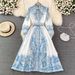 Vintage Ceramic Print A-Line Dress Empire Waist Flared Hem Elegant Button Front Long Sleeve Blue Black Beige Retro Chic Women's Clothing_ecoleips.com