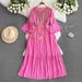 Women's Clothing Travel Flared Sleeve V Neck Dress Style Embroidered Slimming Bohemian Three Quarter Length Spring Autumn_ecoleips.com