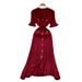 French-Inspired Elegant Knit Dress – V-Neck Long Sleeve Flounce Hem Dress (4 Colors, One-Size, Wrinkle-Resistant)_ecoleips.com