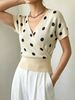 Women Soft Skin-Friendly Breathable Polka Dot Knit Top Wrap V Neck Short Sleeve Loose Waist Cinch Cropped Knit Blouse_ecoleips.com