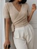 Women Lightweight Breathable Thin Knit Wrap Shirt, V-Neck Short Sleeve Side Self Tie Slim Fit Cropped Casual Knit Top_ecoleips.com