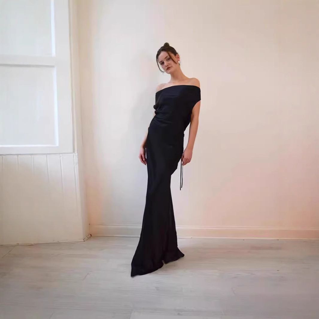 Sexy Off-Shoulder Backless Satin Long Dress European American Style Cross-Border Slim Fit Summer Evening Ribbon Women's Clothing_ecoleips.com