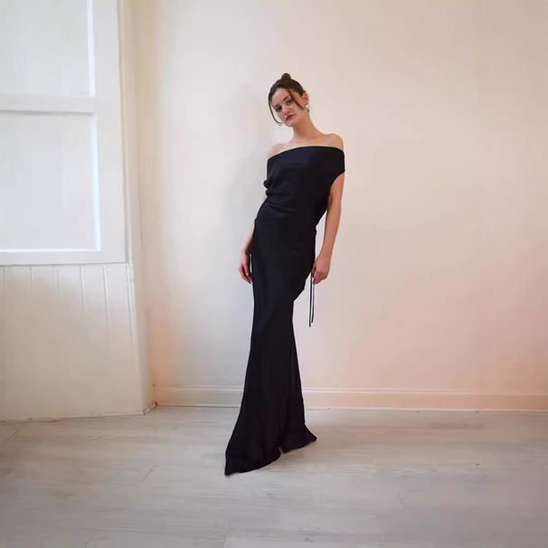 Sexy Off-Shoulder Backless Satin Long Dress European American Style Cross-Border Slim Fit Summer Evening Ribbon Women's Clothing_ecoleips.com