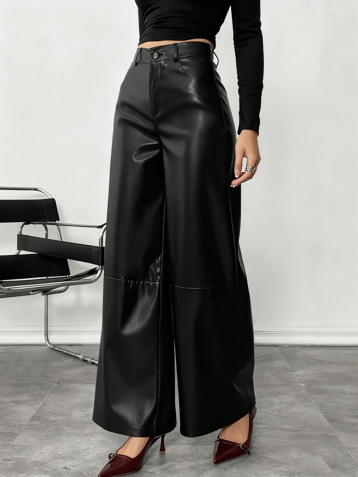 Aria Basics Long, Drapey Black Leather In European And American Style, Wide-leg Pants, Slimming Sheepskin Workwear For Women,_ecoleips.com