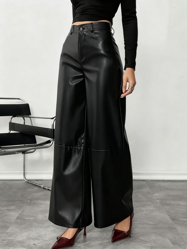 Aria Basics Long, Drapey Black Leather In European And American Style, Wide-leg Pants, Slimming Sheepskin Workwear For Women,_ecoleips.com