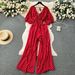 European And American Style Women's Vacation Jumpsuit Long Youthful Puff Sleeves Elastic Waist Slimming Wide Legs_ecoleips.com