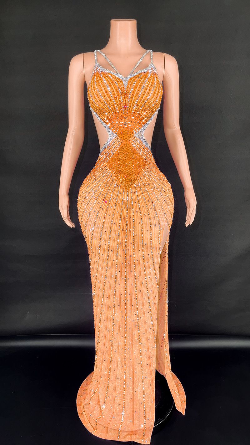 Women's Clothing Luxury Temperament Celebrity Sling Super Shiny Diamond Waist Tight Sleeveless Long Skirt Party Performance Dress_ecoleips.com