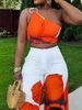 K Fashionable And Sexy Flower Print Single Shoulder Slim Fit Wide Leg Pants Two-piece Set_ecoleips.com