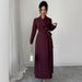 Elegant British Style Autumn Winter Dress For Women - Mid-Length Office Wear With Notched Collar & Button Detail (Available In S/M/L/XL, Dark Red)_ecoleips.com