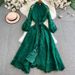 "Elegant Stand-Up Collar Floral Embroidery Dress With Lantern Sleeves & Tie Waist – Vintage-Inspired Long Dress For Women"_ecoleips.com